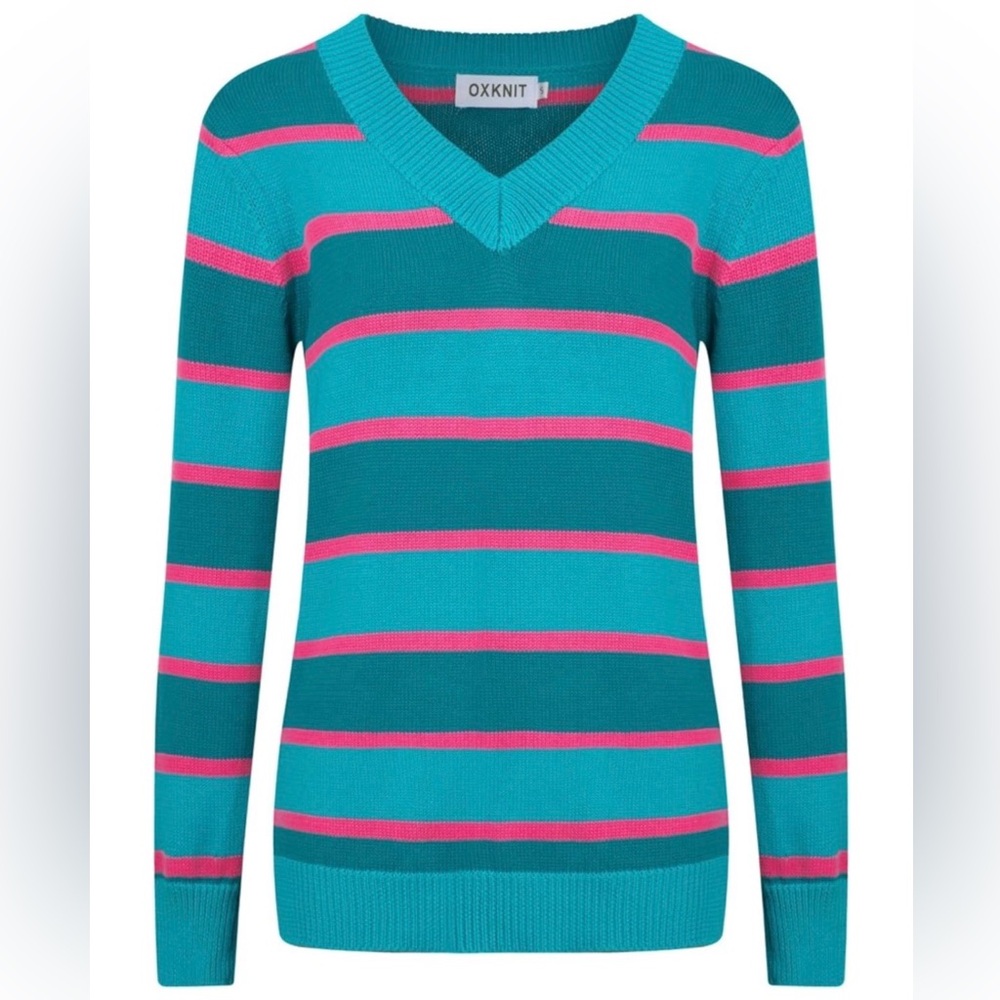 OXKNIT Knit Long Sleeves Sweater, 1960s Vintage Stripes Blue-Green NWT